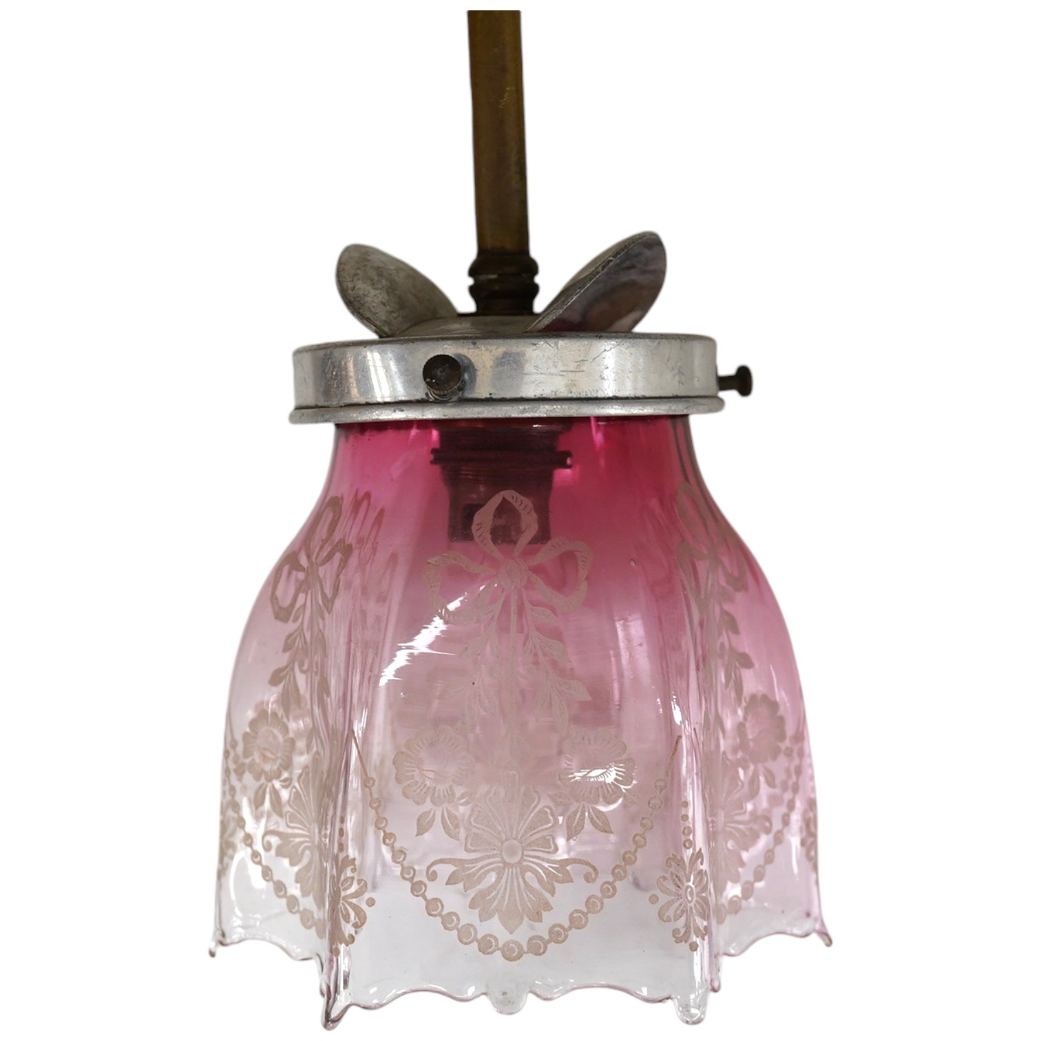 An original English gas pendant converted to electricity with acid etched pink glass shade, circa 1880’s-1890’s, wired, overall 54cm high. Condition - good